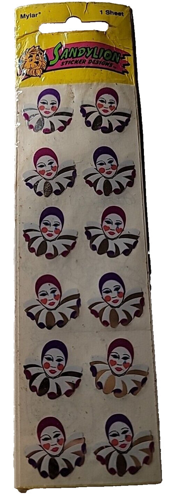 Sandylion Mylar Mimes Clowns Circus Sticker 1 Sheet NIP Porcelain Mask Foil VTG