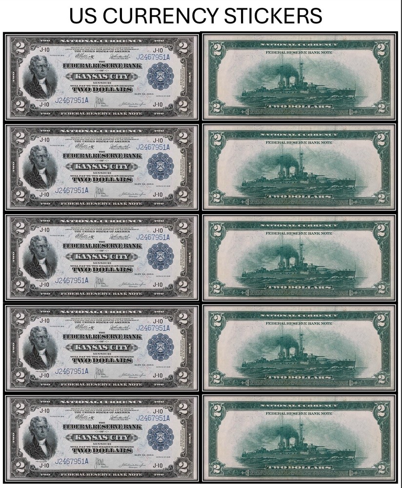 $2 Two Dollar 1918 Federal Reserve Bank Note (US CURRENCY STICKERS) (Lot Of 5)