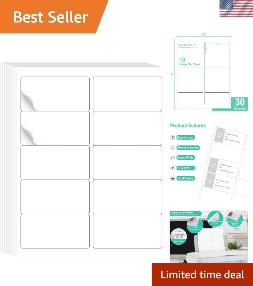 (2″ x 4″) 30 Sheets, Printable White Sticker Labels, Laser/Inkjet Printing – Mat