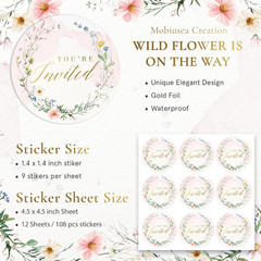 108 Pcs «You’Re Invited» Wildflower Design Wedding Invitation Stickers, 1.4