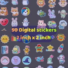50 Kid-Friendly Digital Stickers | Cute Kawaii Animals | Digital Download