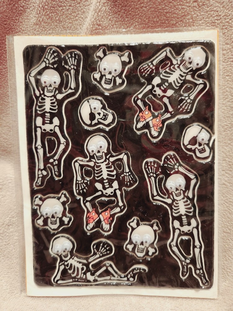 Vintage Hallmark Google Wiggle Eyes Puffy Skeleton Skull Stickers Halloween New
