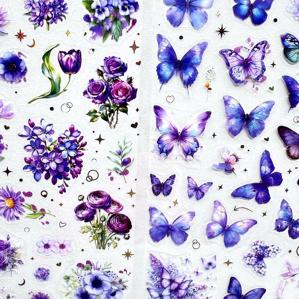 Purple Butterfly Flower Stickers 2 Sheets Spring Junk Journals Collage Scrapbook