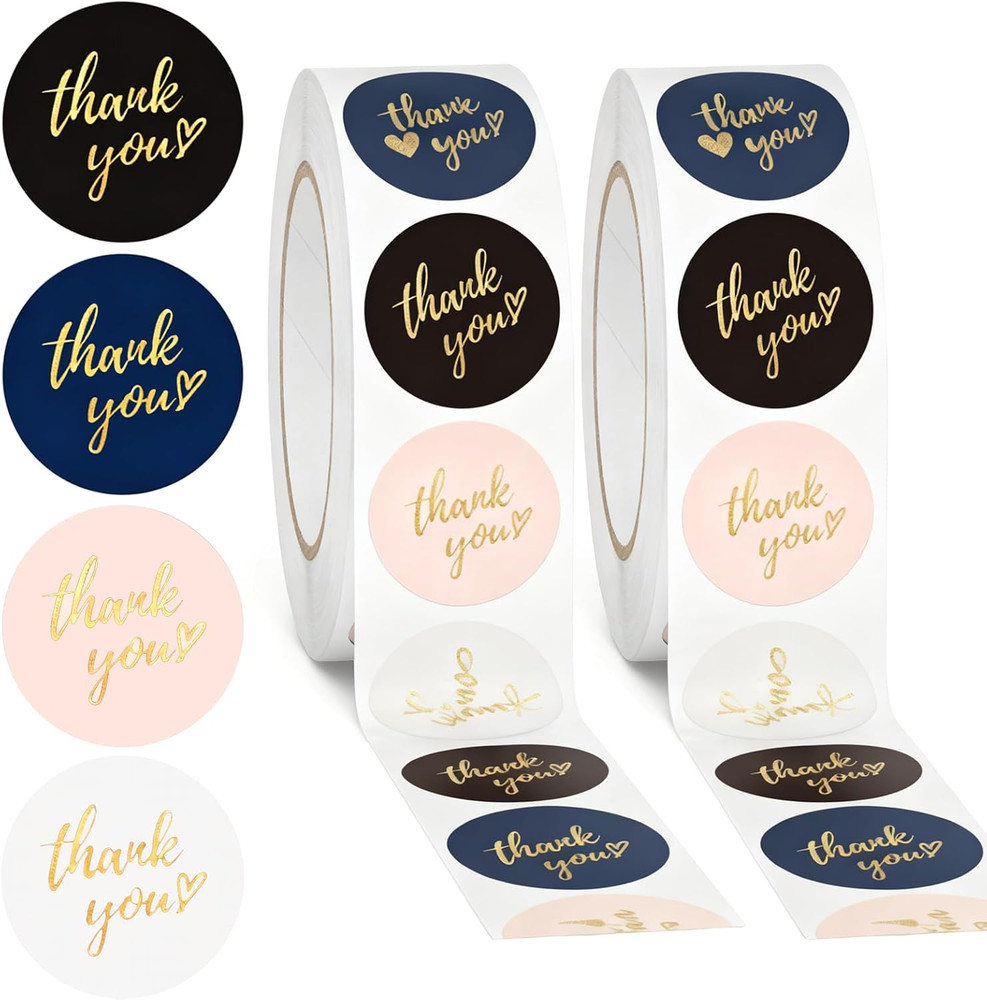 1000 PCS Thank You Stickers Roll – 2 Rolls 1 Inch round Gold Stamp Self-Adhesive