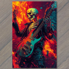STICKER Skeleton Rock Guitar Wings Fire Leather Halloween Music Skull Metal