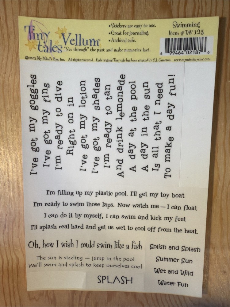 partial Swimming Words & Phrases Vellum Sticker Sheet Scrapbook Craft Stickers