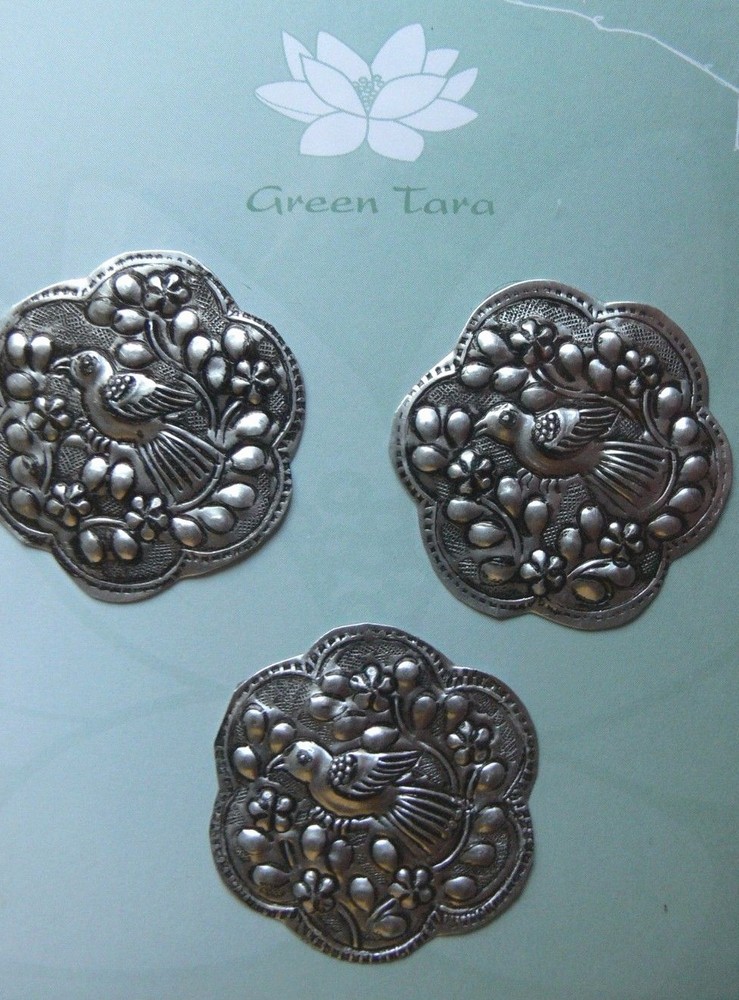 METAL Embellishments 3 x ROUND with BIRDS Design – 42mm Across Green Tara B
