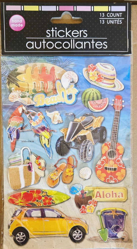 13 Count Handmade Scrapbooking Stickers 3D Hawaii Beach Tropical Aloha Surf NEW