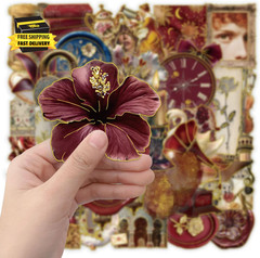 50PCS Vintage Red Gold Stickers for Scrapbooking, Aesthetic Retro Victorian Flor