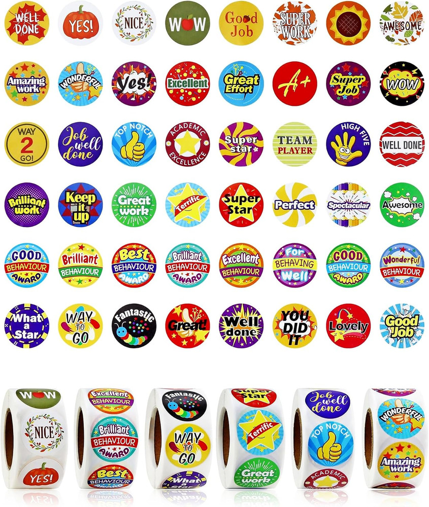 3000 Pcs Reward Stickers for Teachers, 6 Rolls of Motivational Stickers for Kids