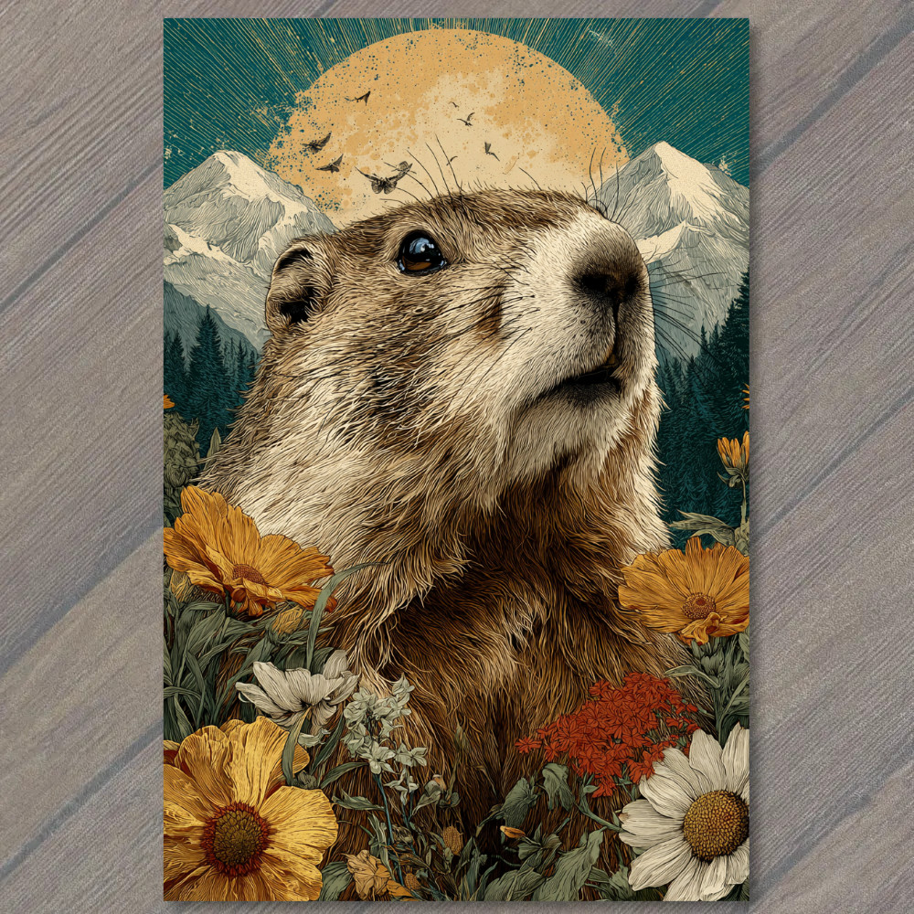 STICKER Groundhog Mountain Sunrise Flowers Rustic Nature Wildlife Art Style