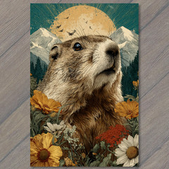 STICKER Groundhog Mountain Sunrise Flowers Rustic Nature Wildlife Art Style