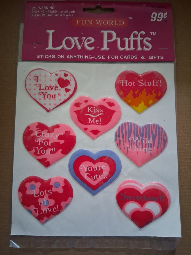 NOS Fun World Love Puffs Stickers Valentine Hearts Puffy Vintage