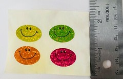 Vintage 1990 Rainbow Star Happy Smiley Face Glitter Foil Stickers, 6 pc.