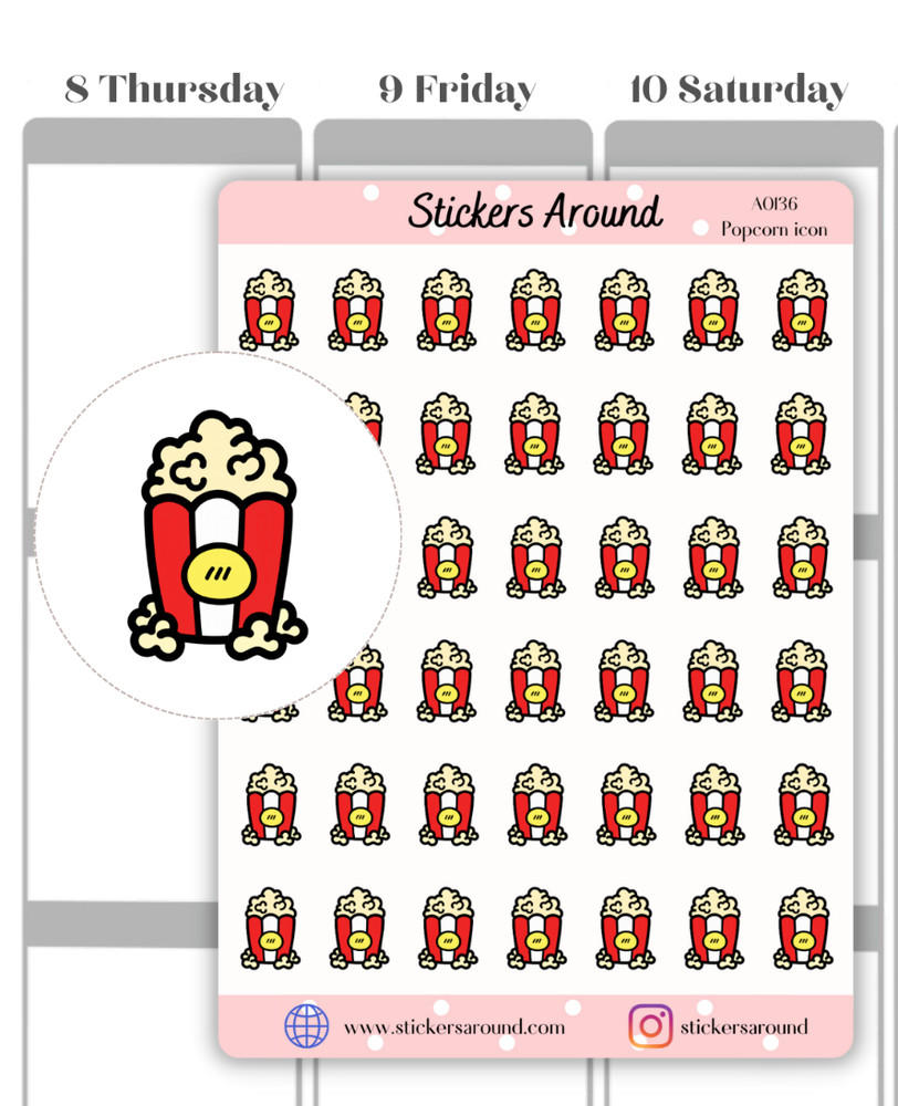 Popcorn Planner Sticker, Movie Night Snack Icon Sticker, Calendar and Journal