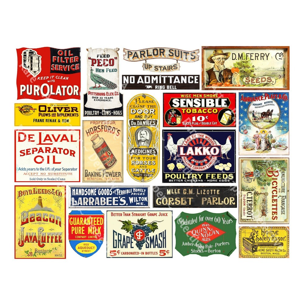 Vintage Advertising Signs, 2 Cut & Peel Sticker Sheets, 44 Reproductions