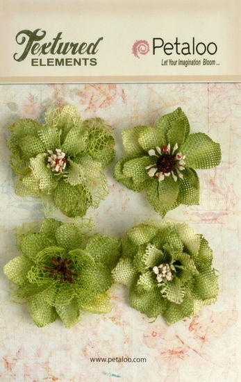 Burlap Flowers PISTACHIO Approx 4 x 55 to 60mm across & varied centres Petaloo C