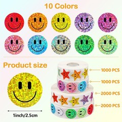 2000 Pack Sparkly Smile Face Stickers 1 Inch Reward Labels 10 Colors Waterproof