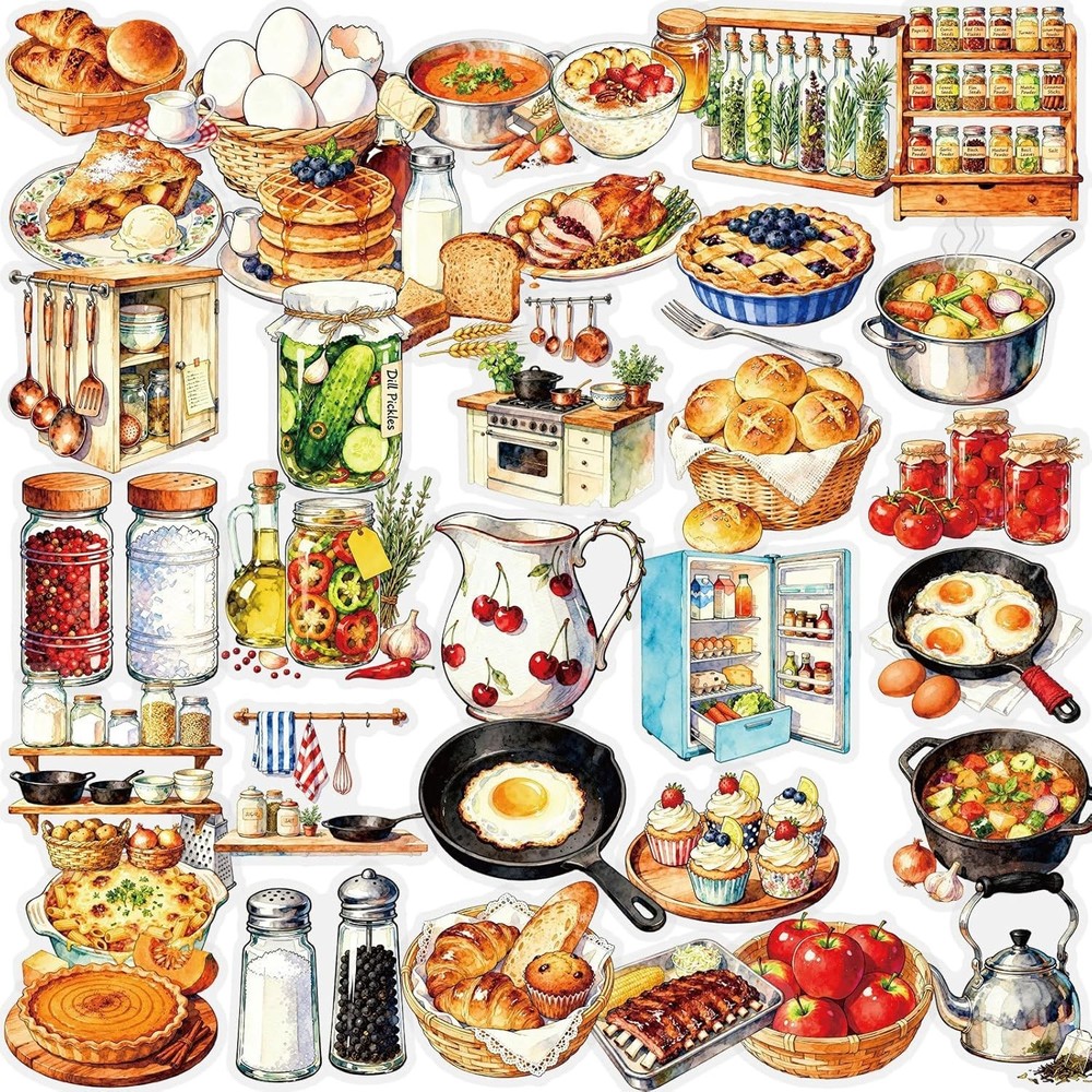 56PCS Kitchen Food Cooking PET Stickers Vintage Bakery Journal Scrapbook Decor