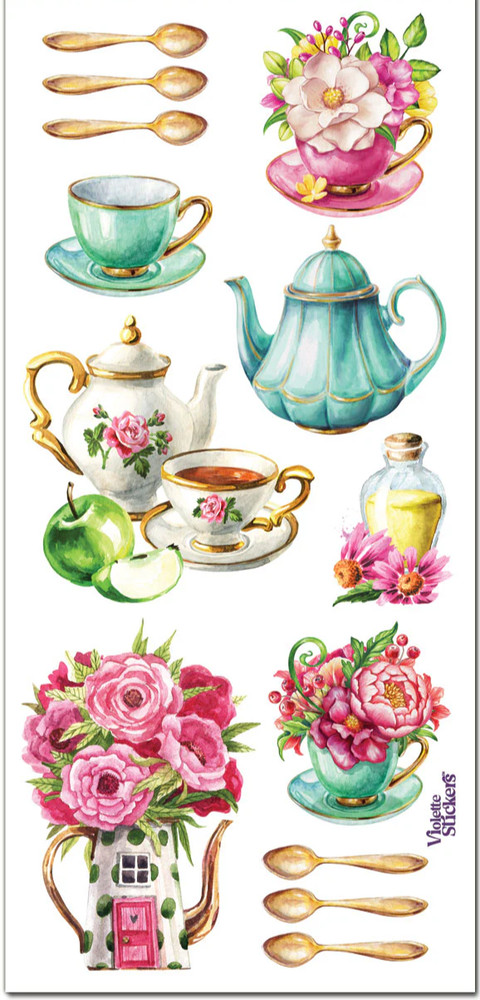 Violette Stickers Gold Floral Teacups Garden Tea Party Craft Planner Supply