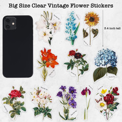 100 Pieces Vintage Flower Stickers Set – Big 3.4″ Waterproof Clear Botanical Flo