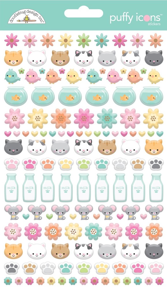DOODLEBUG PUFFY ICON STICKERS – PRETTY KITTY – 139 pieces, Cat, Mouse, Fish Bowl