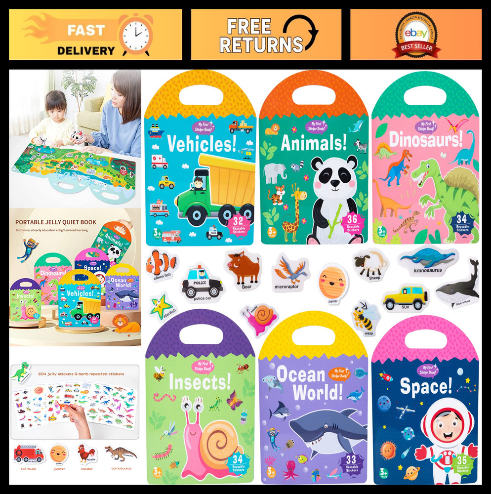 6 Pack Reusable Sticker Activity Books for Toddlers 1-4 Years, Travel Toys, Anim