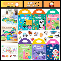 6 Pack Reusable Sticker Activity Books for Toddlers 1-4 Years, Travel Toys, Anim