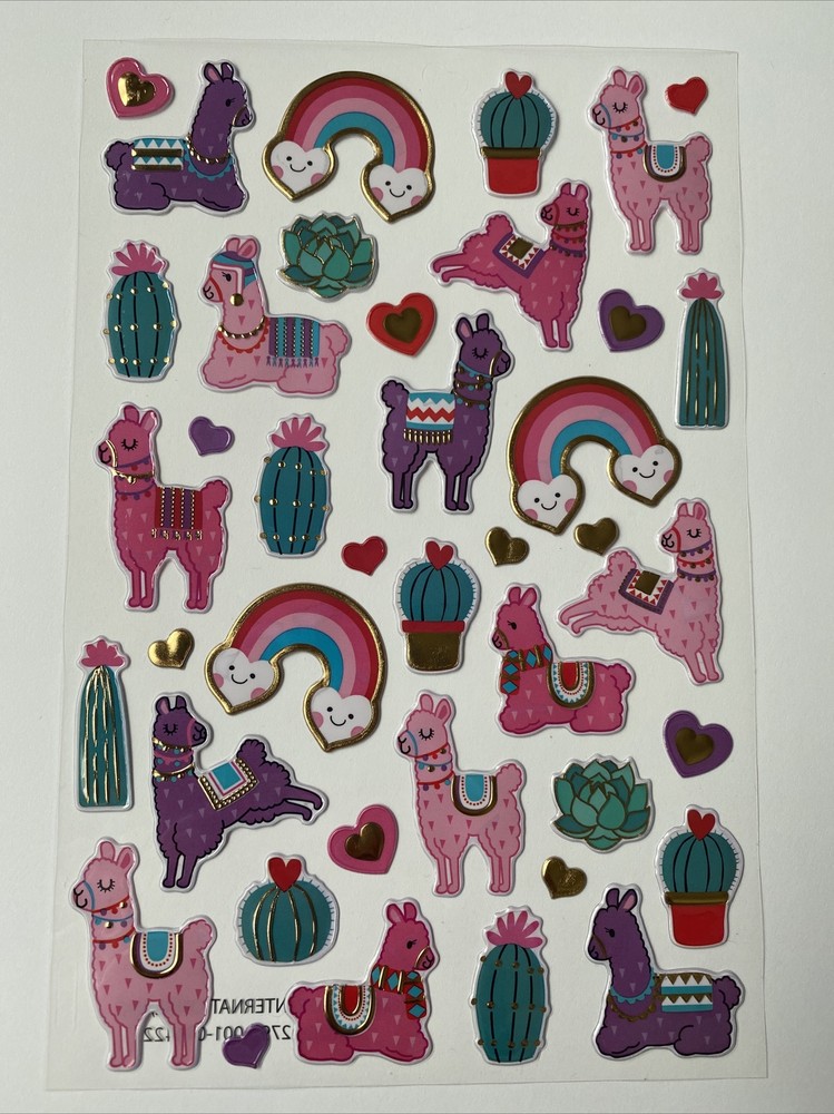 Llama Rainbows Hearts Cactus Dimensional Foil Happy Stickers Single Sheet New