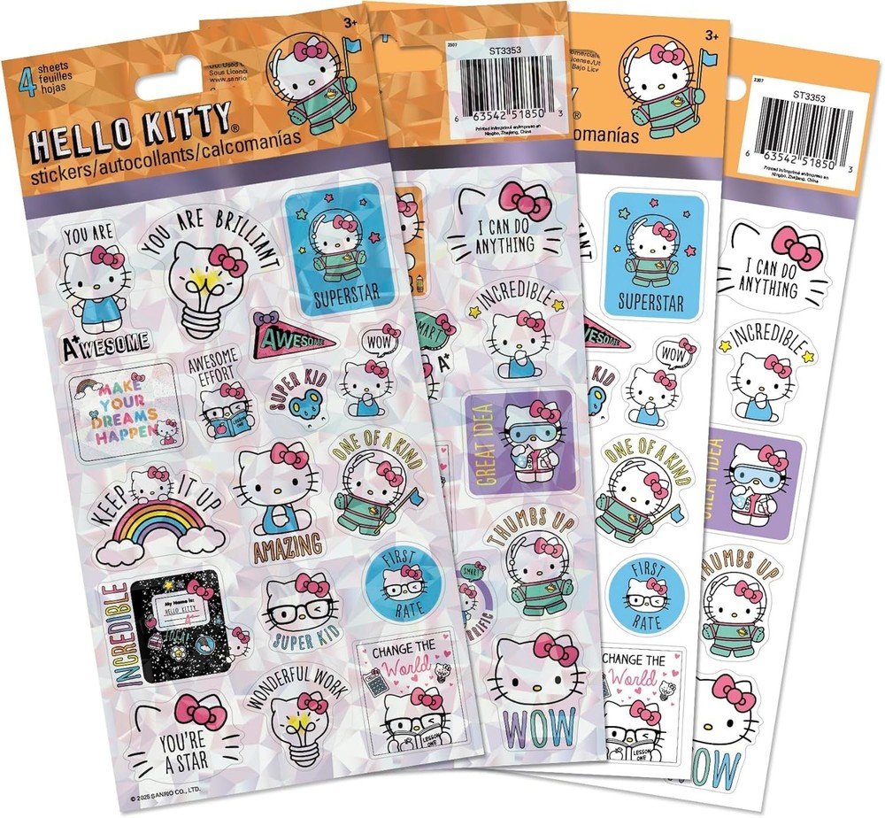Hello Kitty Sticker Sheet Standard, Holographic 4 Sheets of Educational Stickers