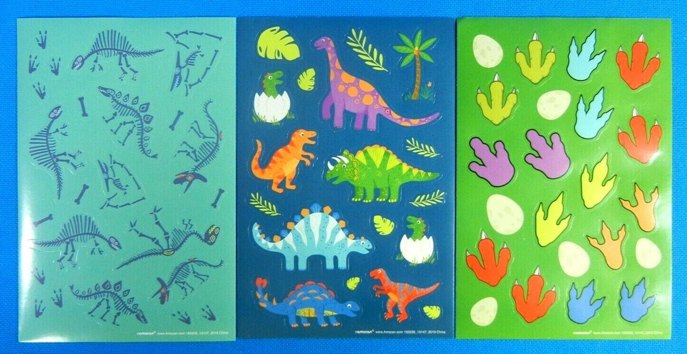 Amscan Dinosaurs, Dinosaur Prints & Dinosaur Skeleton Sticker Sheet Lot of 3