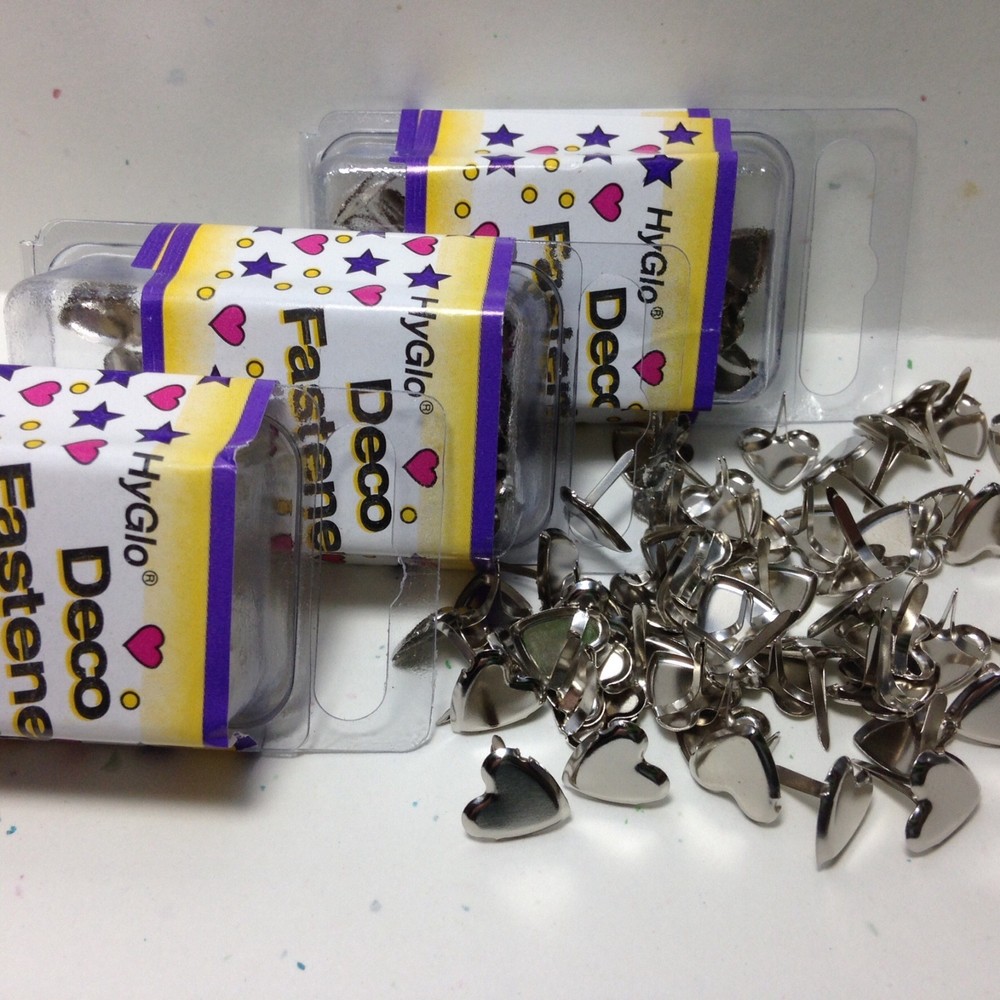 HyGlo Deco Fasteners – Brads – 3/8″ Silver Hearts – 200 – NEW