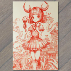 STICKER Devil Girl Ice Cream Tentacles Chaos City Retro Horror Red Ink