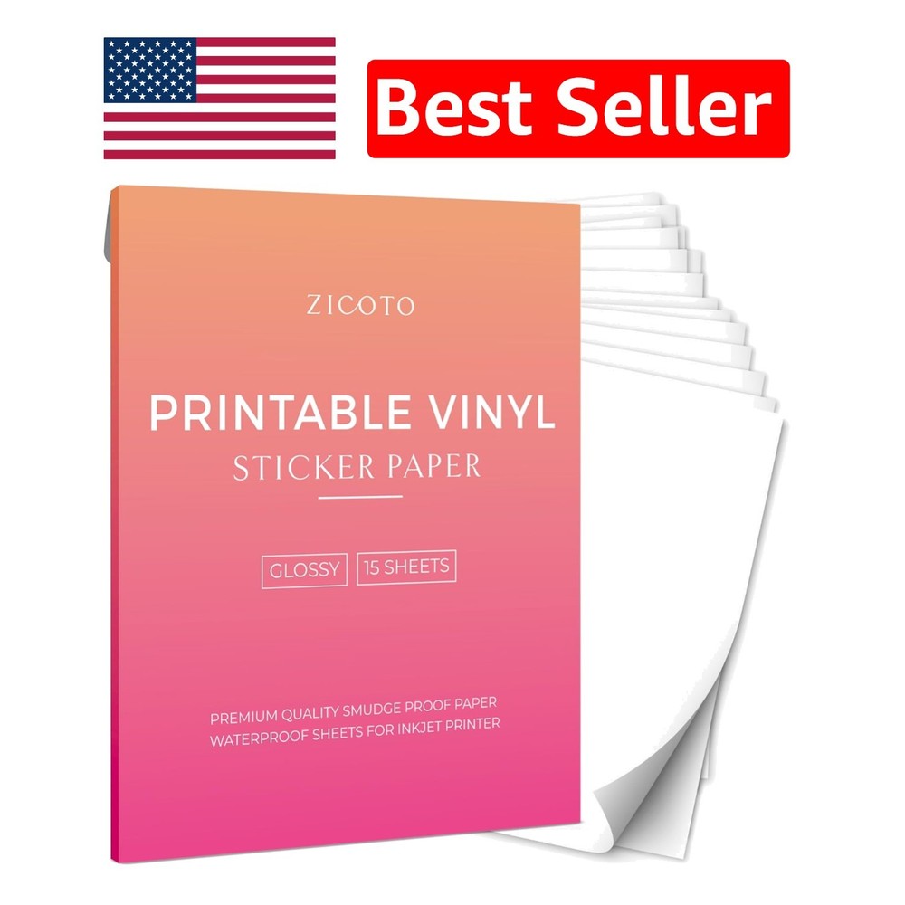 High-Quality Waterproof Vinyl Sticker Paper – 15 Glossy Sheets 8.5×11 for DIY