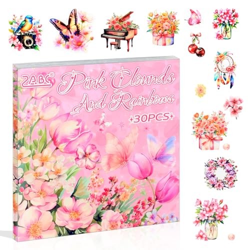 30 Sheets Precut Pink Garden Landscape Stickers Book for Junk Romantic Pink
