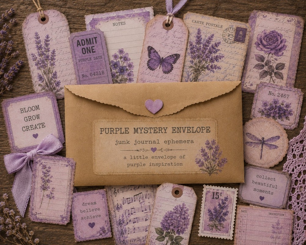 Mystery Junk Journal Ephemera Envelope Vintage Scraps, Tags, Tickets, Purple