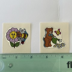 Vintage Rare 1980s Foil Stickers Bear Watering Flowers And Bee Smiling Flower