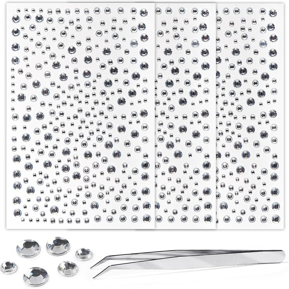 3 Sheets Rhinestone Stickers Self Adhesive Gems 3-6Mm Diameter Diamante Clear Cr