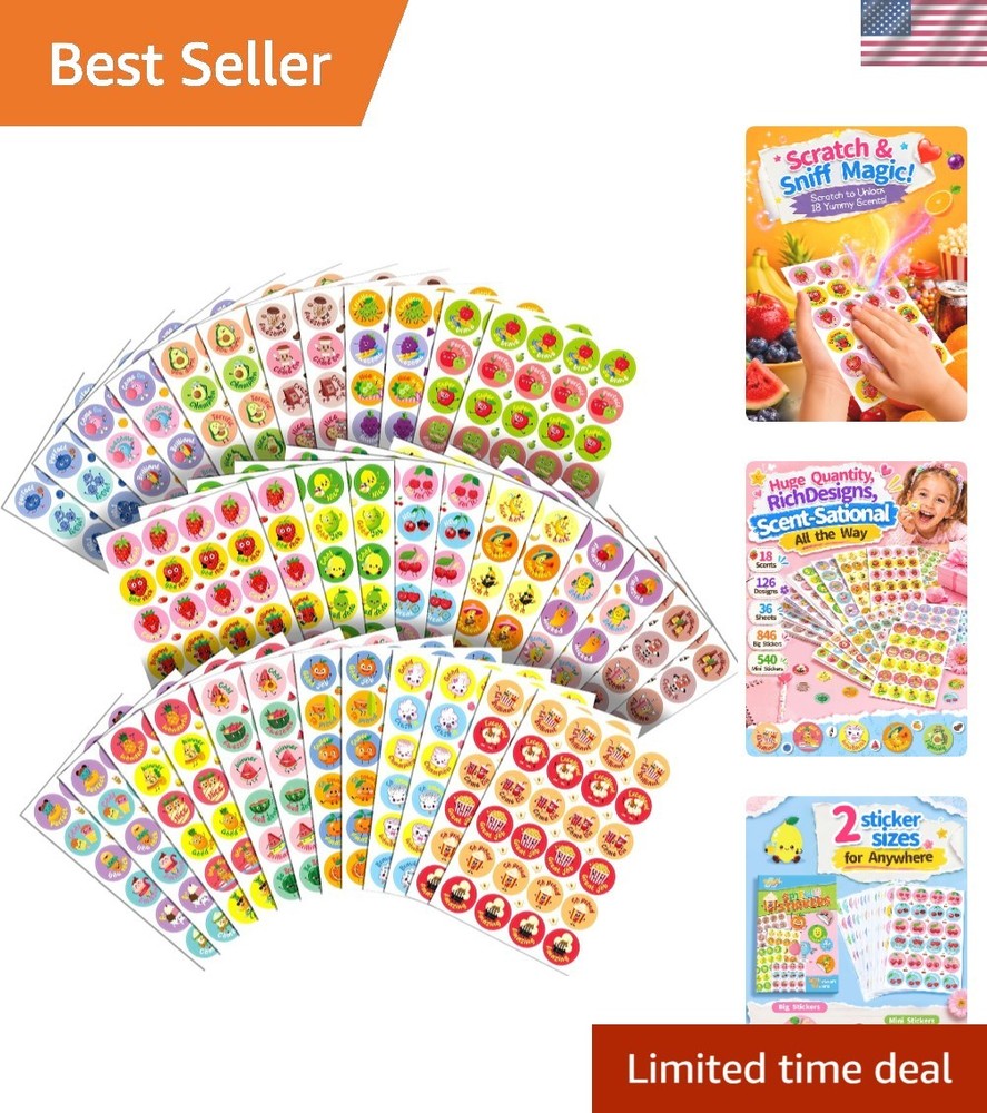 Scratch and Sniff Stickers – 864 Pieces, 12 Different Scents, 36 Sheets – Reward