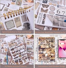 900Pcs Mini Scrapbook Washi Stickers for Journaling, 50 Sheets Vintage Sticker B