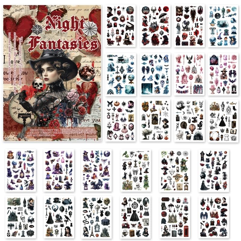 Washi Stickers for Scrapbook, 24 Sheets Goth Sticker for Journaling, Dark Aesth