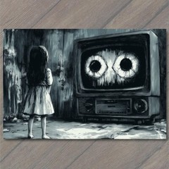 STICKER Girl Staring TV Set Haunted Eyes Look Child Black Horror Creepy Weird