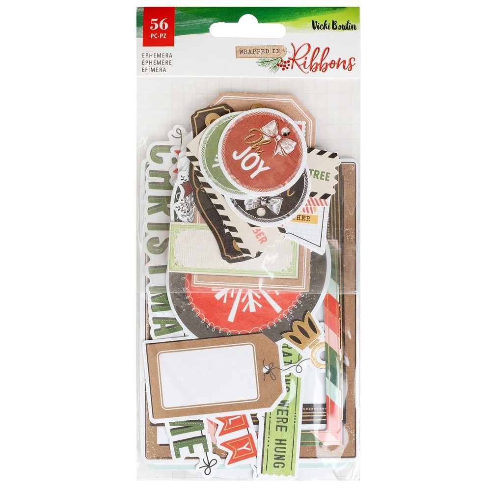 American Crafts – VICKI BOUTIN – WRAPPED IN RIBBONS – EPHEMERA – 3 PKGS =168 PCS