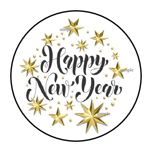 HAPPY NEW YEAR ENVELOPE SEALS STICKERS LABELS TAGS 1.5″ ROUND (30) GOLD STARS