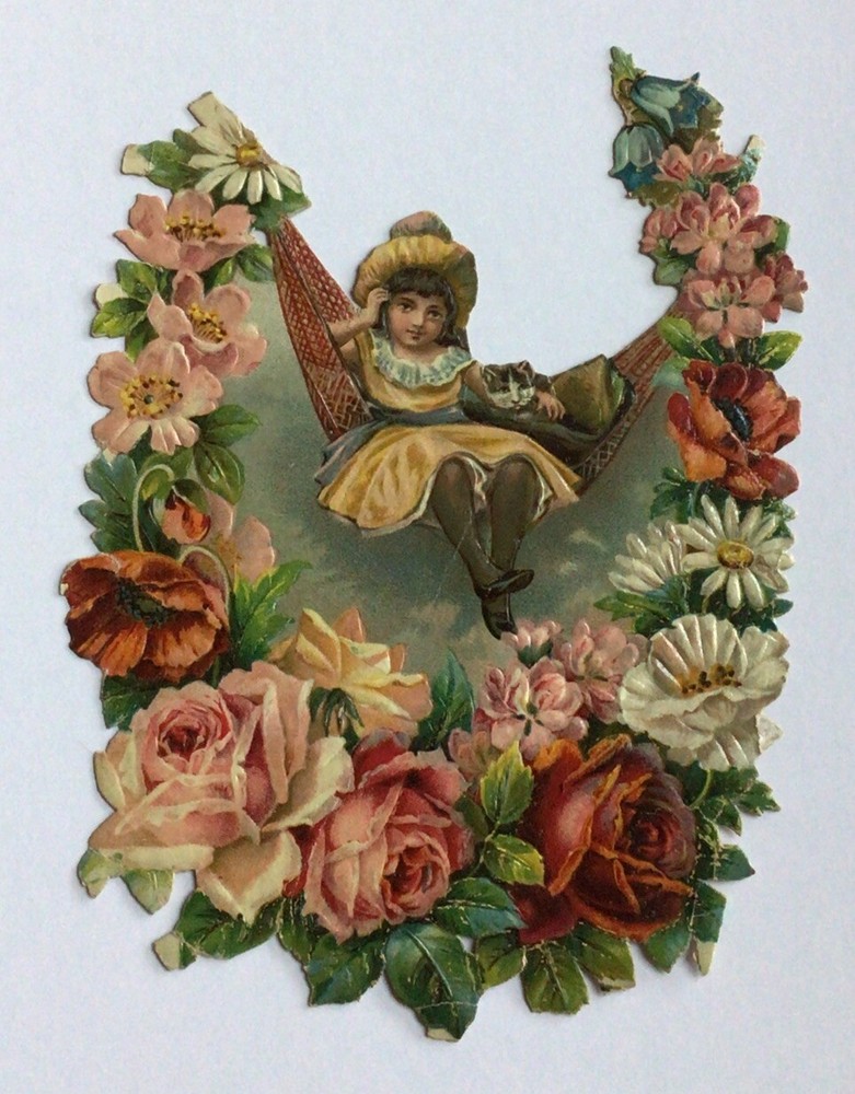 Vtg Die Cut Girl With Kitten Swinging In Hammock Flower Border Roses