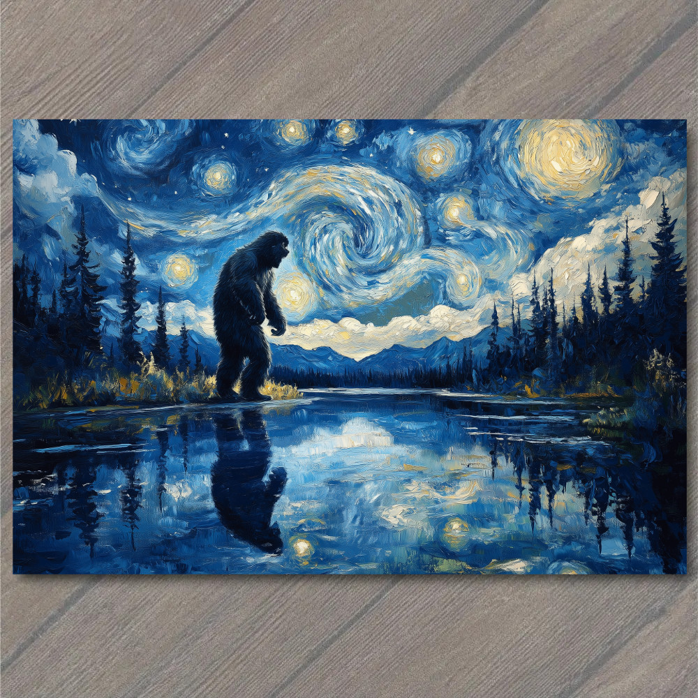 STICKER Bigfoot Under Starry Sky Majestic Night Scene Lake Forest Mountains