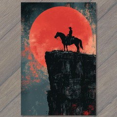 STICKER Cowboy Sunset Horse Cliff Red Glow Western Silhouette Canyon Stars