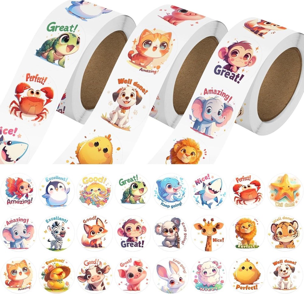 3 Rolls Animal Stickers for Kids, 1500 Pcs Kids Stickers Bulk for Toddlers