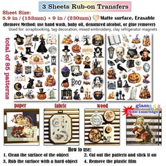 Halloween Rub-on Transfer Stickers 3 Sheets Use for Fabric Paper Wood Chips DIY