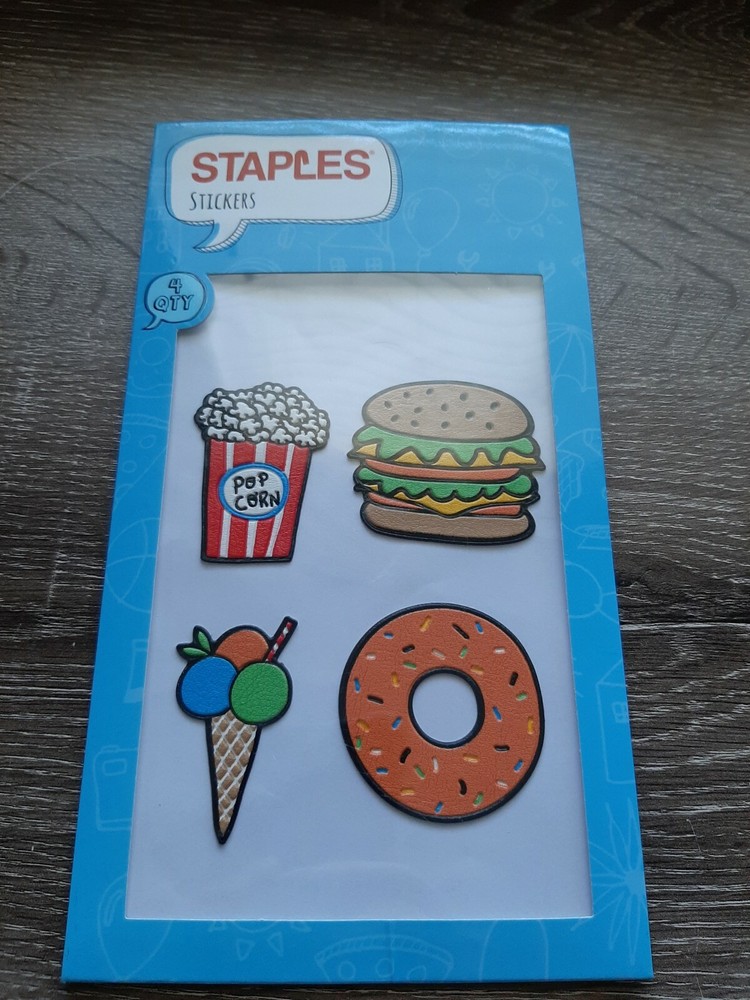 STAPLES PLASTIC RAISED JUNK FOOD STICKERS. ICE CREAM DOUGHNUT POPCORN BURGER